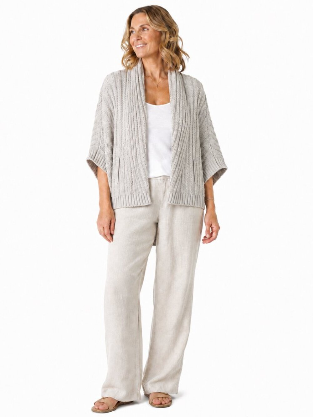 Talbots Chunky Shawl Collar Cardigan L Beige Rib Knit 3/4 Dolman Sleeve Coastal